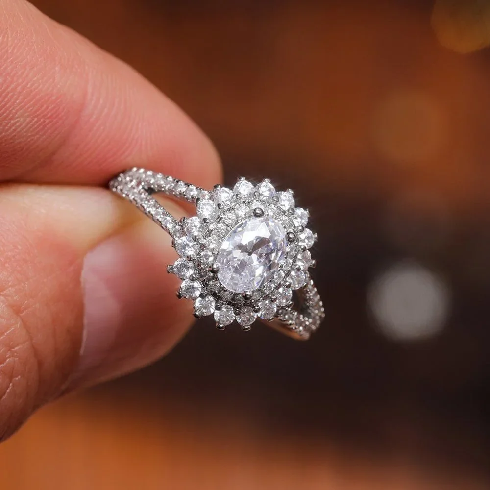 😍PARTY GIFT DOUBLE LAYER CZ LOVELY SILVER DAINTY LUXURY FLOWER RING, K896